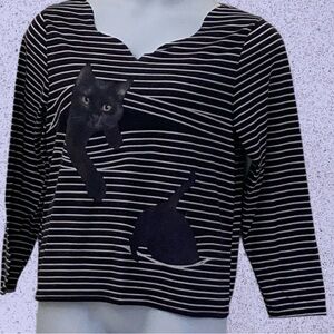 Striped Black & White Long Sleeve Pullover Top With Playful Cat
